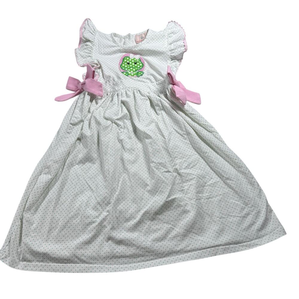 Smockingbird Girls Dress Size 7 Frog Polka Dot Bow Spring